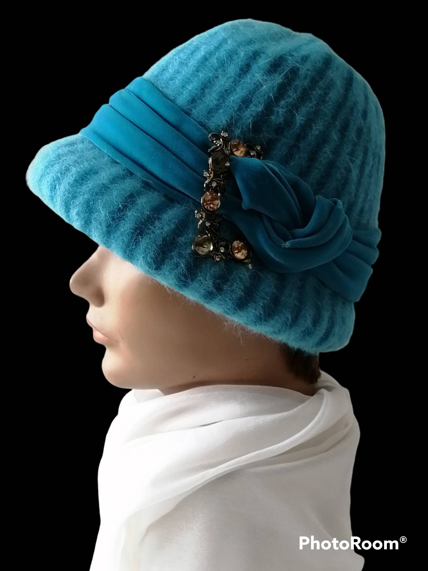 Light powder baby blue Angora Cloche Hat Vintage Baby Blue Angora Cloche Hat, Velvet Band, Rhinestone  main image 2