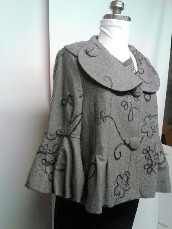 Women's Grey Coat, Embroidered, Street Wear, Loos… - image 3