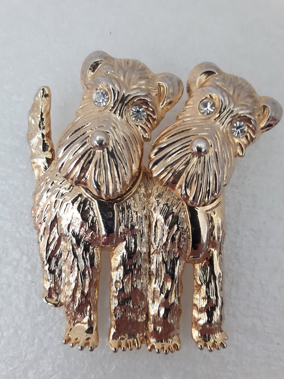 Twin Puppies Scottie Terriers Movable Head Brooch… - image 1