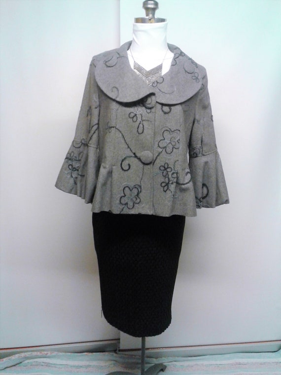 Women's Grey Coat, Embroidered, Street Wear, Loos… - image 1