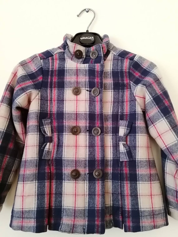 Pink and Blue Plaid Little Girls Zip up Coat Plaid Pea Coat Long