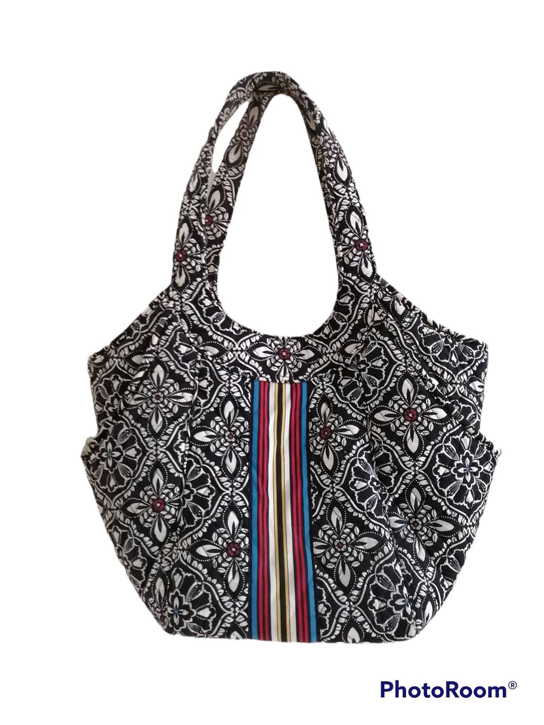 Quilted Cotton Handbag, Black White Multi Colored Large Purse, Top