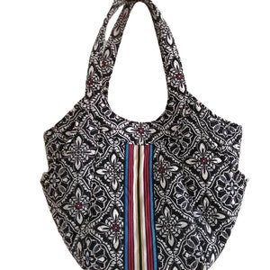 Quilted Cotton Handbag, Black White Multi Colored Large Purse, Top Handle Tote Shoulder Bag