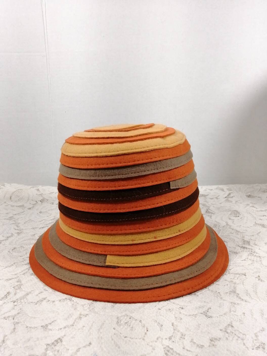Vintage Striped Cloche Knit Bucket Style Hat Brown Blue‎ White Cozy Winter Fall Made by Minga | Brown Striped Crocheted Bucket Hat | Handmade main image 4