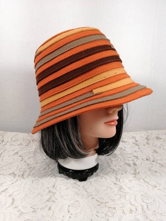 Vintage Striped Cloche Knit Bucket Style Hat Brown Blue‎ White Cozy Winter Fall Made by Minga | Brown Striped Crocheted Bucket Hat | Handmade main image 2