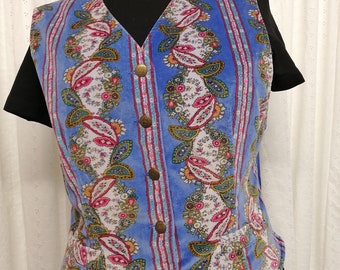 Blue Velvet Floral Vest 70's, Sleeveless Top Boho Chic Festival Hippie Style, Button Up, Tie In The Back