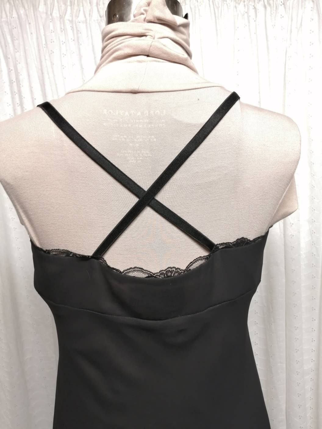 Vintage Black Chiffon Empire Waist Dress, Criss-Cross Straps, Lace Trim, Size 10