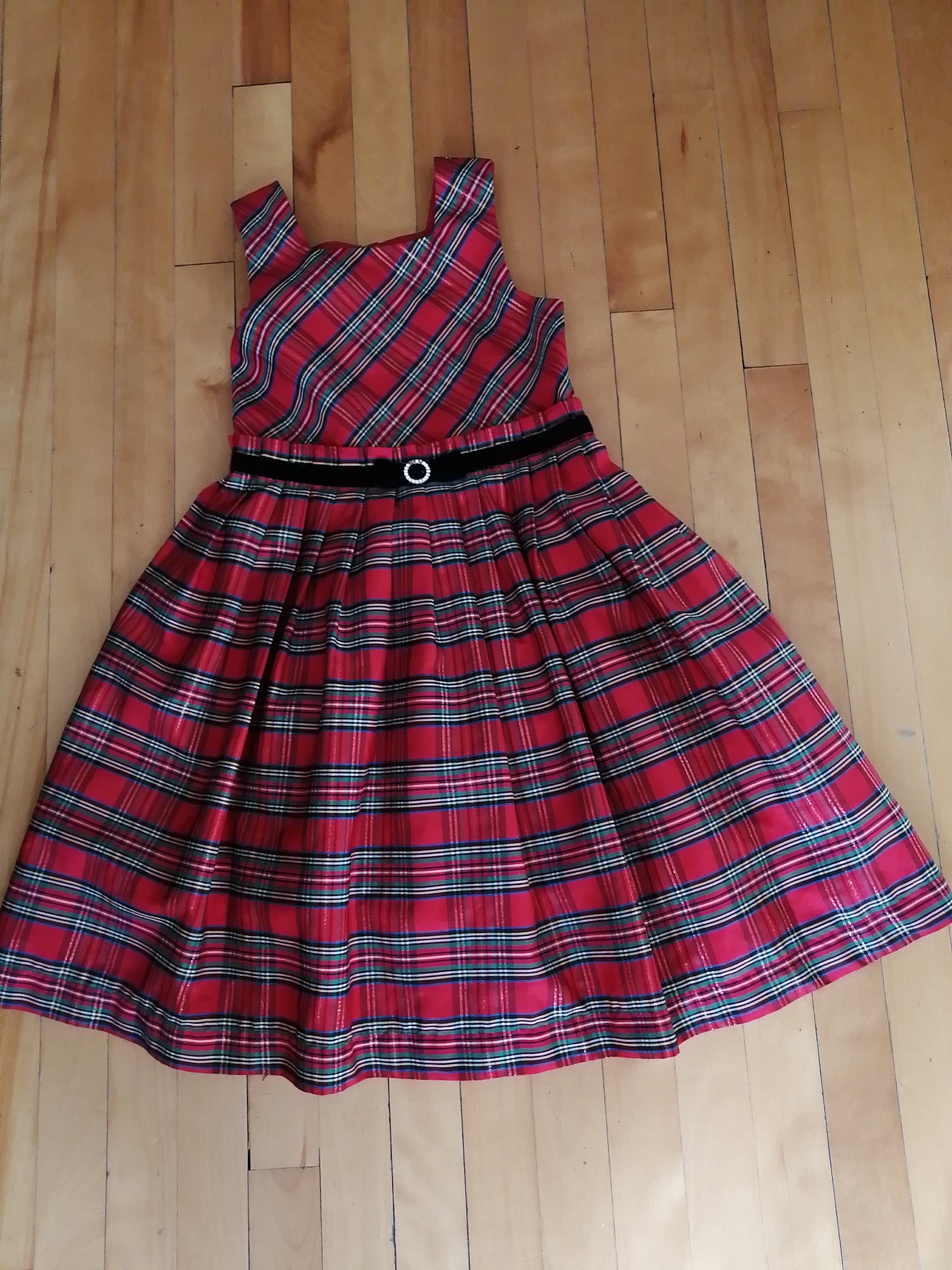 Girls Red Black Plaid Christmas Dress, Velvet Trim, Fluted Skirt, Party Wear
