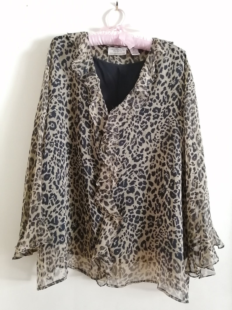 Size 3X for New York City Design Co Sheer Animal Print Ruffle Blouse,Leopard Print Cascading Ruffled Women/'s Blouse,100/% Silk Woman.