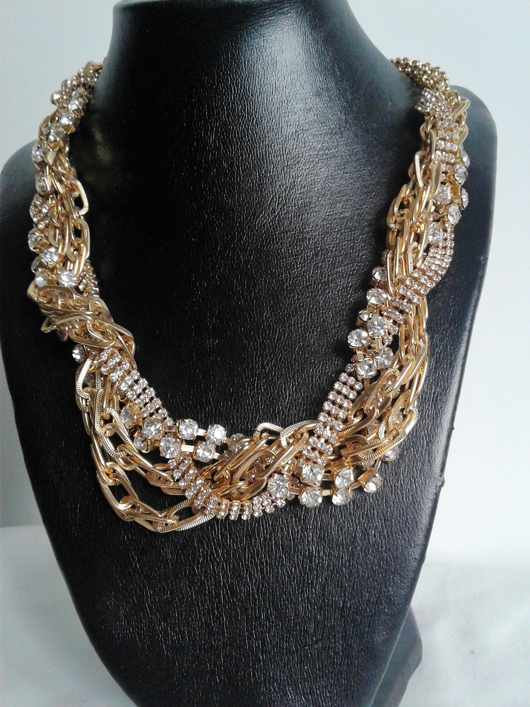 Gold Tone Multi Chain Rhinestone Necklace, Statement Necklace, Vintage Necklace, Wedding