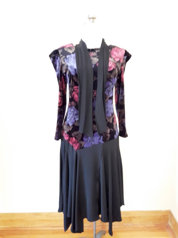 Vintage 80s Black Chiffon Velour Dress, Long Sleev