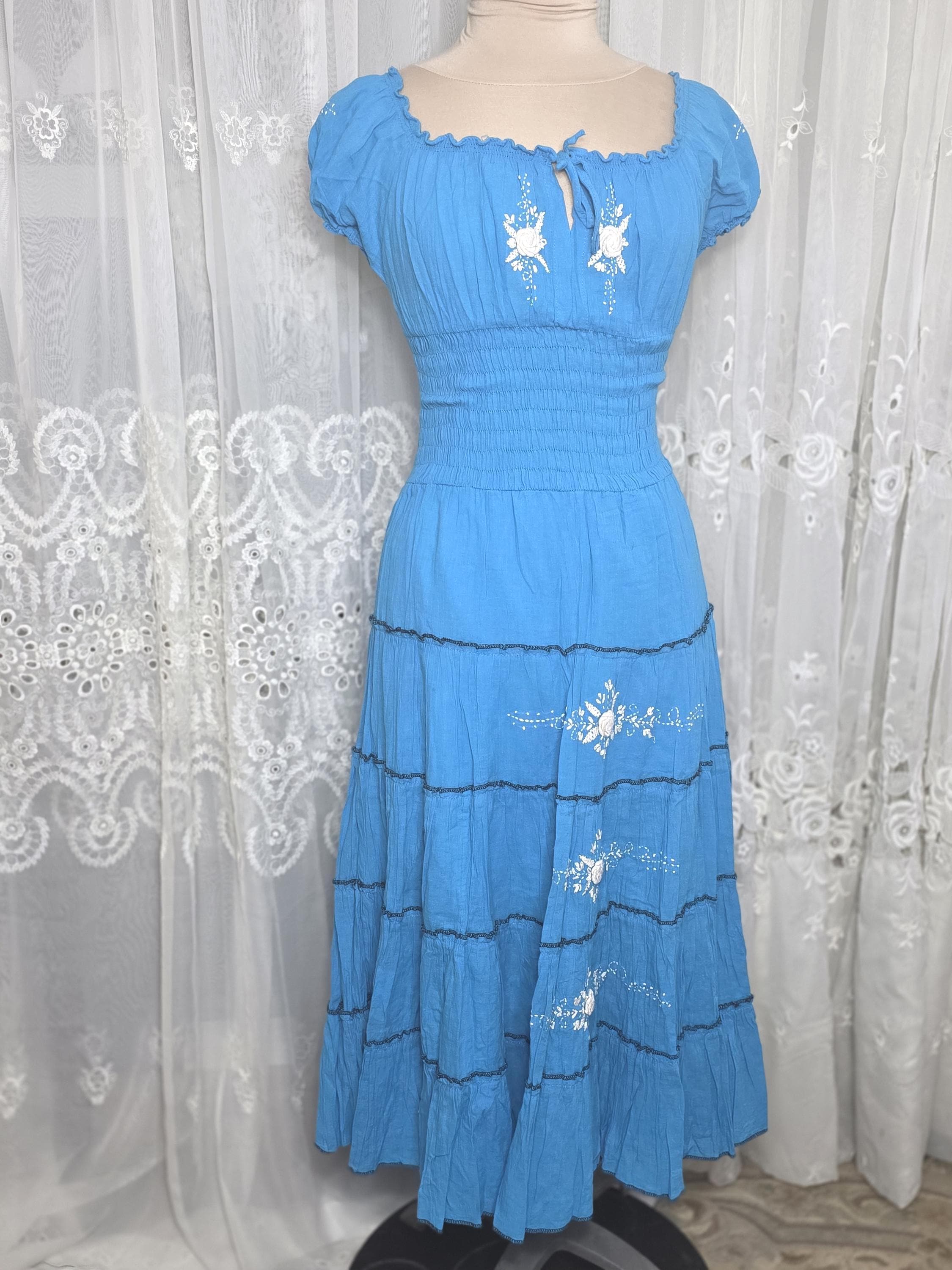 blue and white peasant dress Vintage 1970s White Blue Cotton Dainty Prairie Peasant Flower Print Tiered off Shoulder Scoop Neck Puff Sleeve Maxi Dress 70s Cottagecore