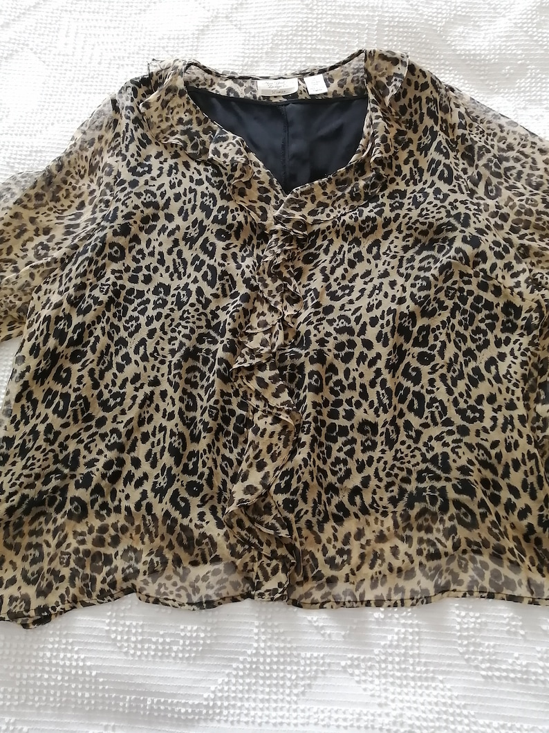 Size 3X for New York City Design Co Sheer Animal Print Ruffle Blouse,Leopard Print Cascading Ruffled Women/'s Blouse,100/% Silk Woman.