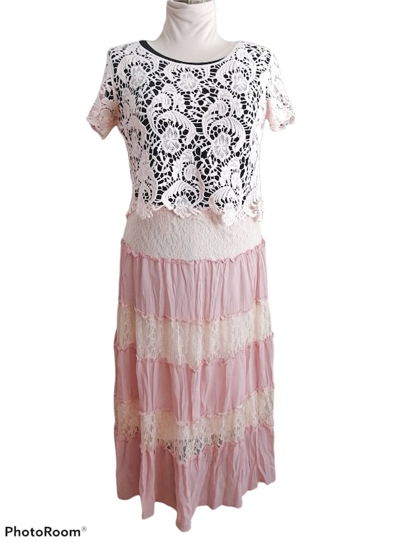 Bohemian Pink and White Lace Six Tier Skirt, Gyps… - image 1