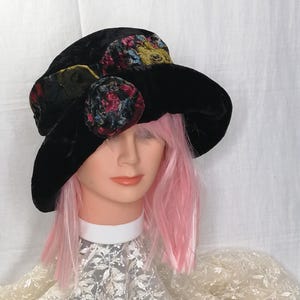 Vintage Black Velvet Hat With Multicolor Velvet Band & Side 