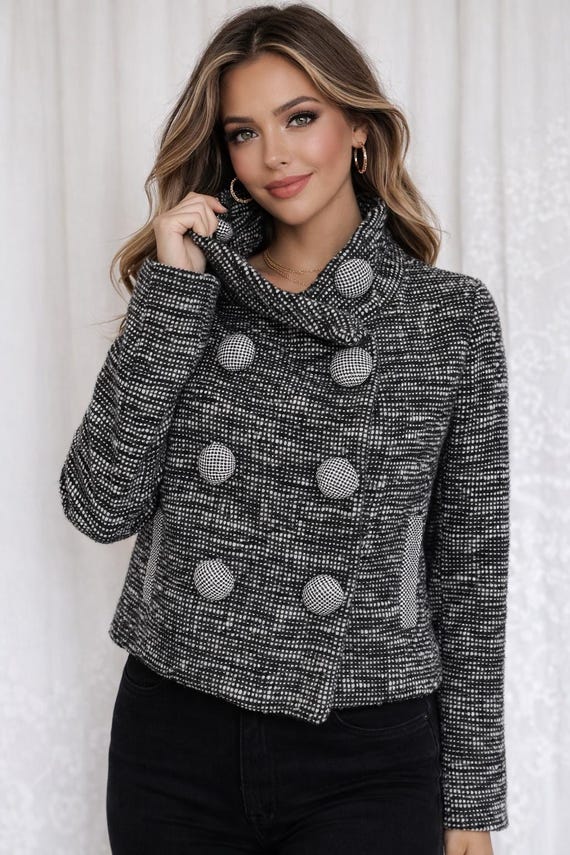 Vintage Black & Gray Cropped Jacket, Lined Buttons, Retro Styled