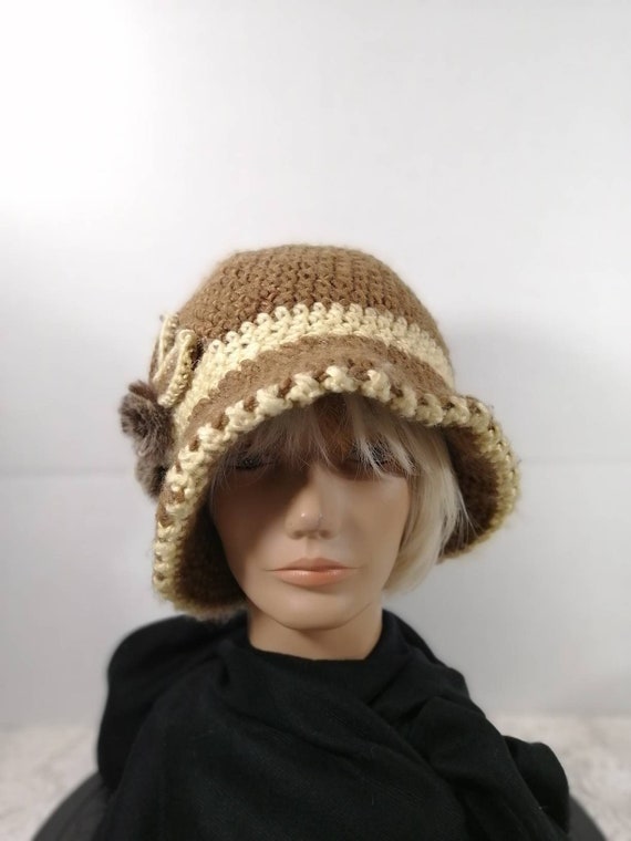 Vintage Crochet Bucket Hat, Wool Knit, Faux Fur Flower 