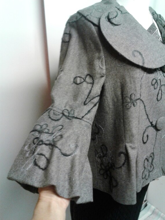 Women's Grey Coat, Embroidered, Street Wear, Loos… - image 2