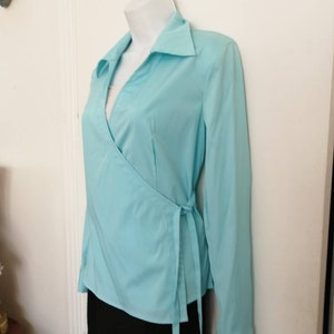 Baby Blue Long Sleeve Tie-Waist Surplice Blouse, Faded Glory Woman Wrap Top, Vintage Women&#39;s Clothing