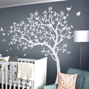 Witte boomstickers Grote kwekerijboomstickers met vogels prachtige witte boomstickers Muurtattoos Muurschildering verwijderbare vinylmuursticker 032