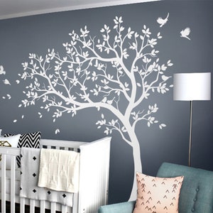 White Tree Wall Decal Large nursery tree sticker set with birds Wall tattoos mural removable vinyl 032
