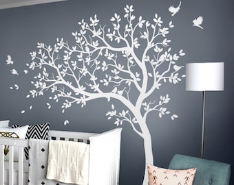 Pegatina de pared de árbol blanco, calcomanía de árbol de vivero grande con pájaros, tatuajes de pared, mural, pegatina de pared de vinilo extraíble 032
