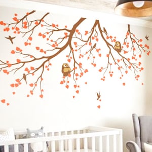 Nursery tree branches wall decals with dreamy owls and flying birds White tree wall decals Nursery decorations Wall tattoos stickers KW009