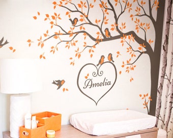 Tree wall decal Nursery wall Decal with Custom Baby name corner tree decal sticker with birds and heart name large wall art tattoo - KW006