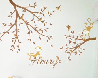 Tree wall decals branch decal sticker mural cute monkeys and birds wall art decor for nursery kids room KW018