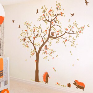 Nursery tree wall decal with Hedgehogs and Owls Large tree scene with forest animal stickers Home wall decor KW001