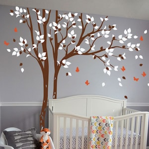 Huge tree wall decals brown and white tree wall decal nursery wall decor sticker mural with butterflies KW023