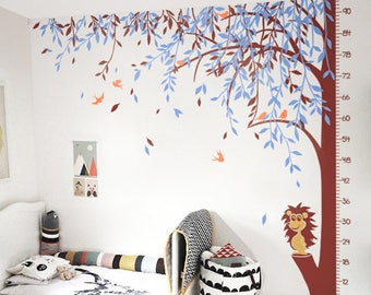 Large tree wall decal willow tree wall mural sticker with growth chart and hedgehog nursery wall art decor KW026