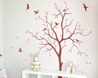 Nursery Tree wall decal whimsical large wall tree sticker wall art mural nursery wall decor decals tattoo with birds KW011
