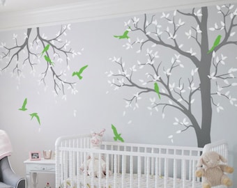 Tree wall decal nursery with branch wall decor nursery wall art sticker mural white tree wall decals tattoo KW016-2