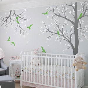 Tree wall decal nursery with branch wall decor nursery wall art sticker mural white tree wall decals tattoo KW016-2