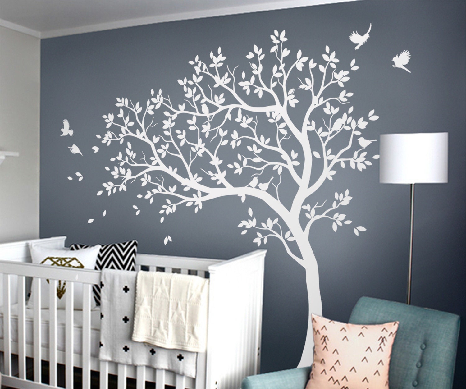 White Tree Decals Large Nursery Tree Decals With Birds Etsy