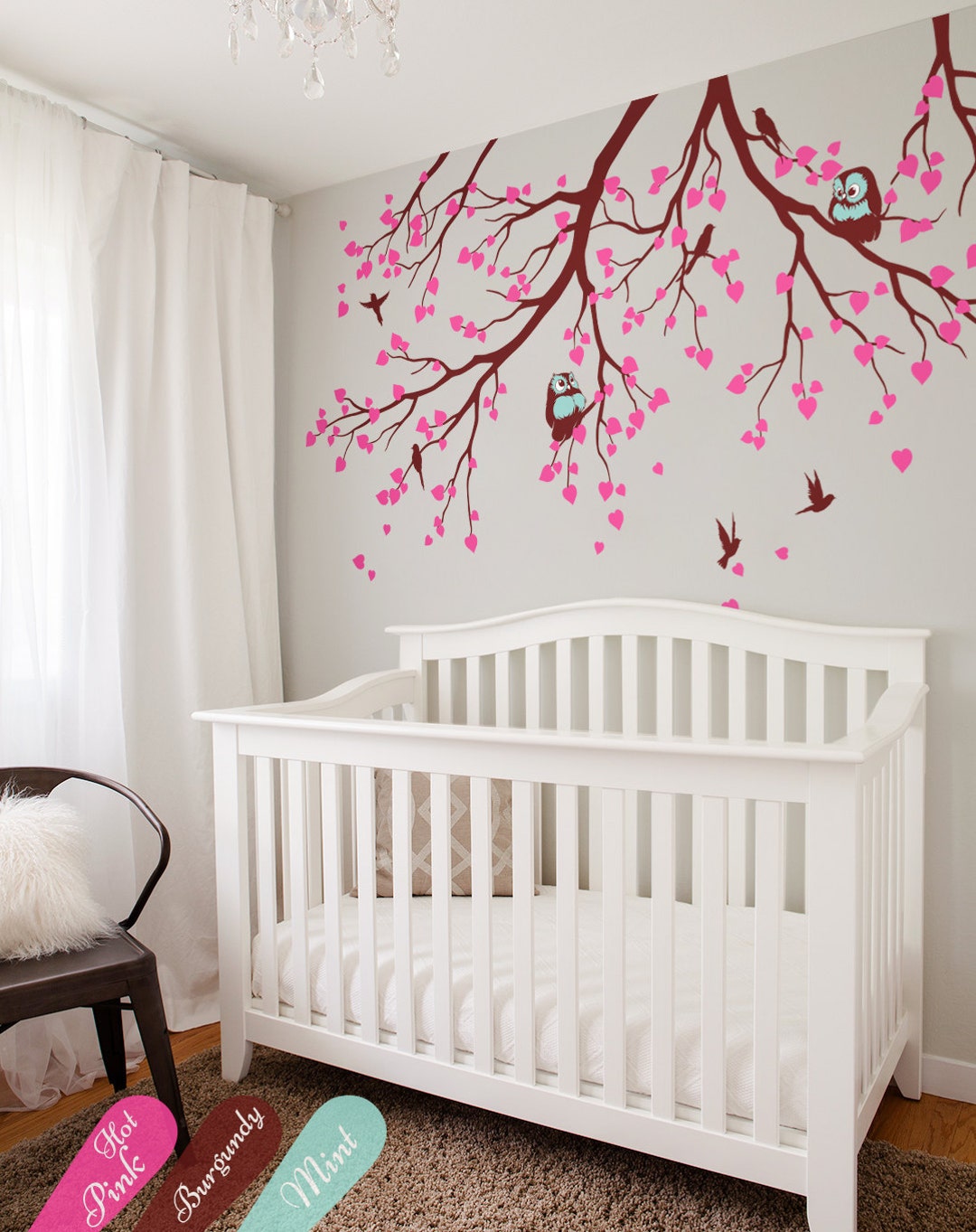 Nursery Tree Branches Wall Decals With Owls and Flying Birds White Tree ...