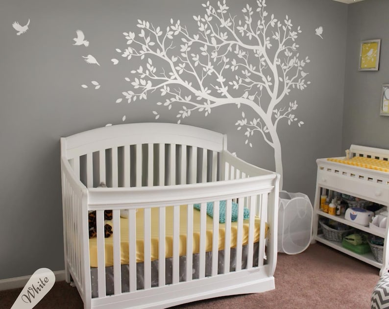 Large Nursery Tree Decals White Wall Sticker With Birds Image 0