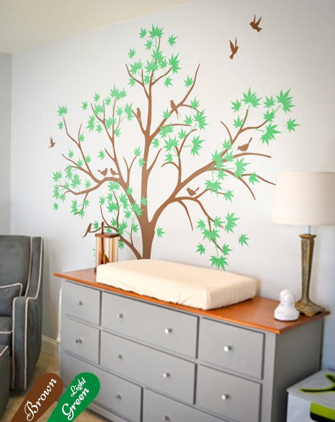 Tree decal with bird and leaves White tree wall decals Nursery | Etsy