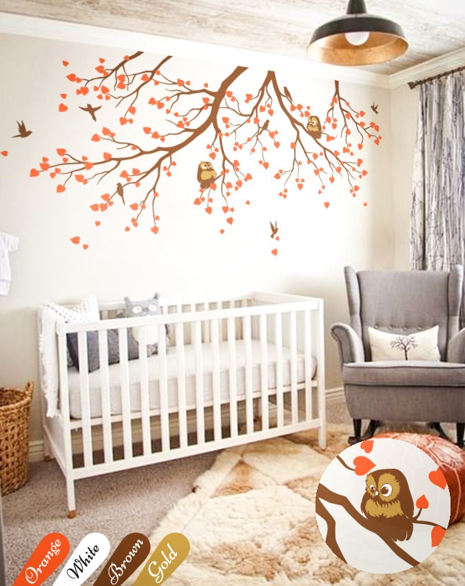 Nursery tree branches wall decals with dreamy owls and flying birds White tree wall decals Nursery decorations Wall tattoos stickers KW009