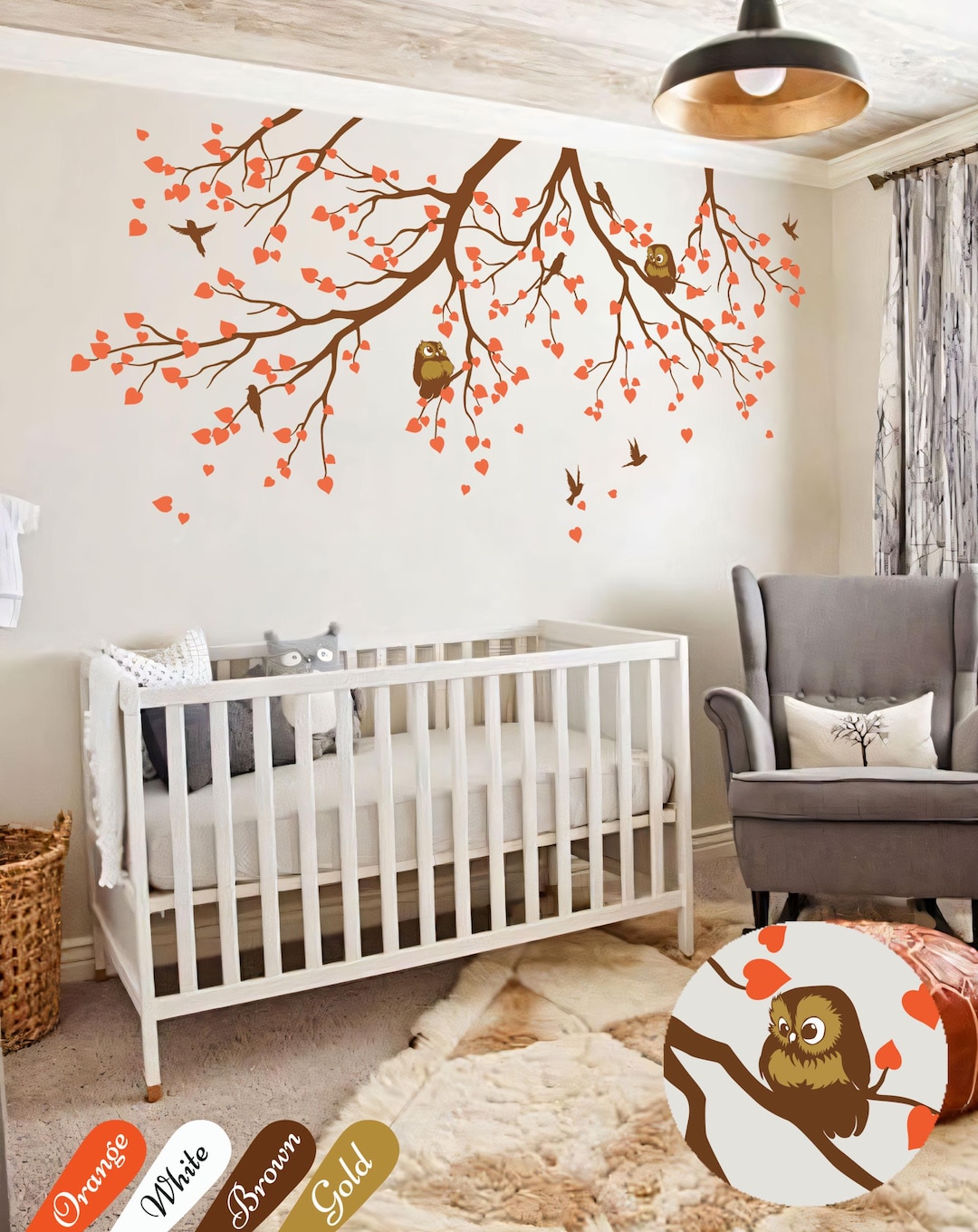 Tree Branches Wall Decal With Owls and Birds – Large Nursery Room Wall ...