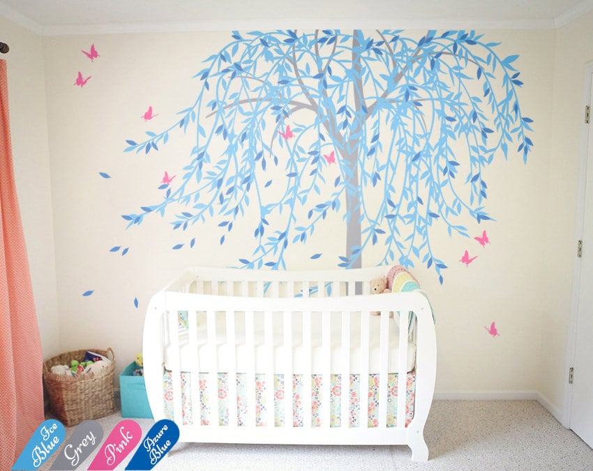 Large willow tree wall decal nursery tree wall sticker murals butterfly wall art decor wall tattoo KW020