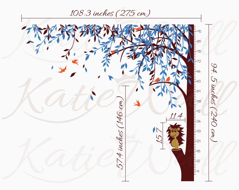 Large tree wall decal willow tree wall mural sticker with growth chart and hedgehog nursery wall art decor KW026