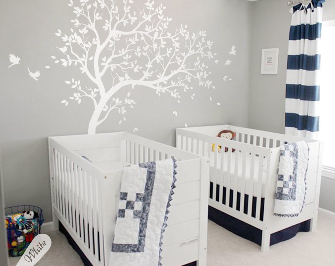 White Tree Decal Large Nursery Tree Decals With Birds Unisex White Tree