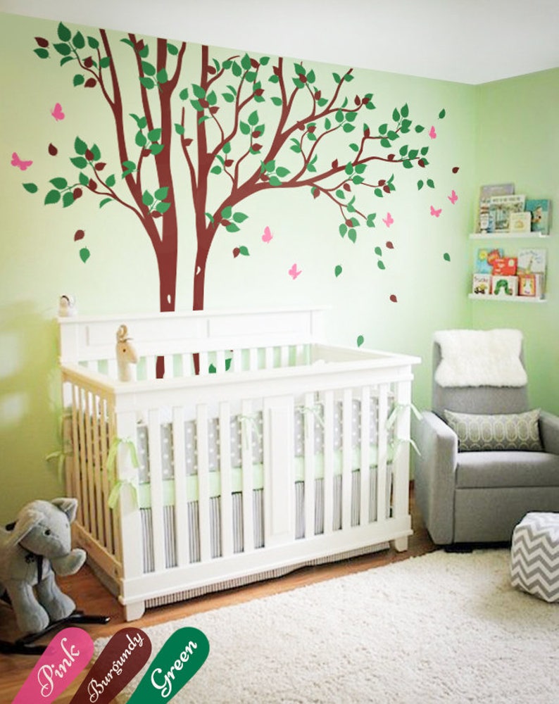 Nursery corner tree wall decal with cute birds and personalized baby name KW006