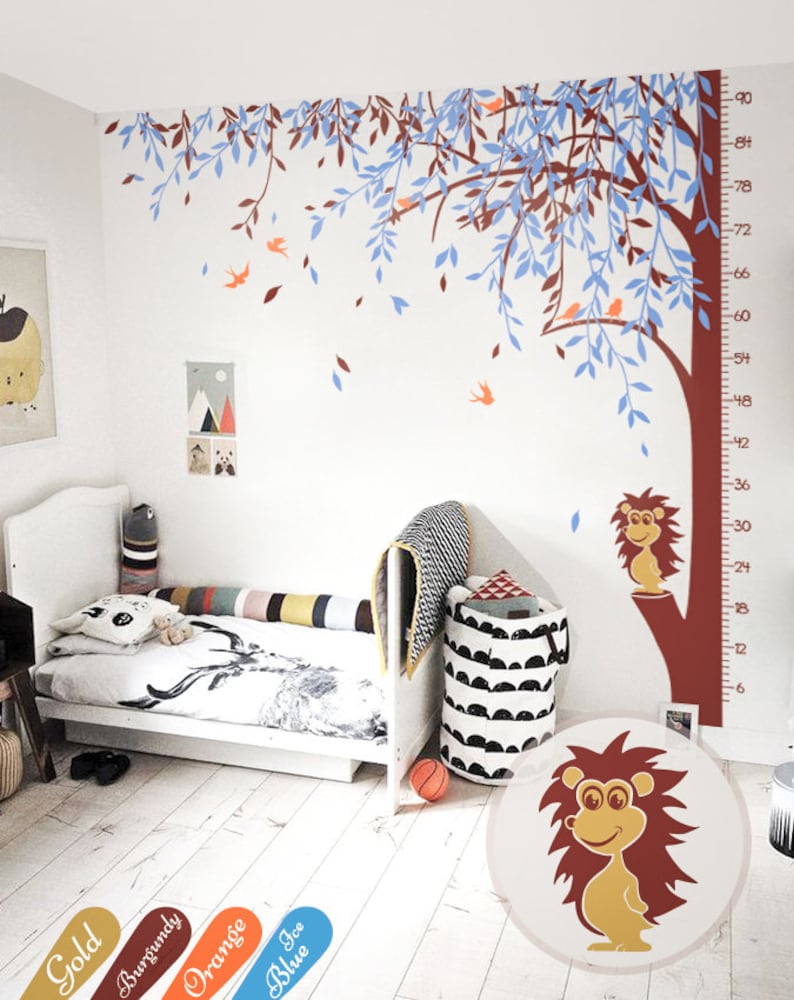 Large tree wall decal willow tree wall mural sticker with growth chart and hedgehog nursery wall art decor KW026