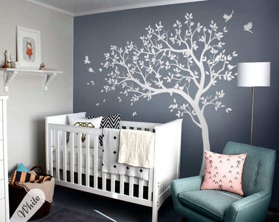 Sticker Arbre Blanc Mural Autocollant Vaste Pépinière Arbre Avec Oiseaux Mural Tatouages Murale Amovible En Vinyle Mural Autocollant 032