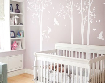 Long White Trees Wall Stickers Large set of nursery tree decals with birds Wall Art Mural decor KW008_2
