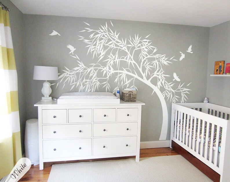 White nursery wall decals with birds Wall tree tattoo Baby Etsy