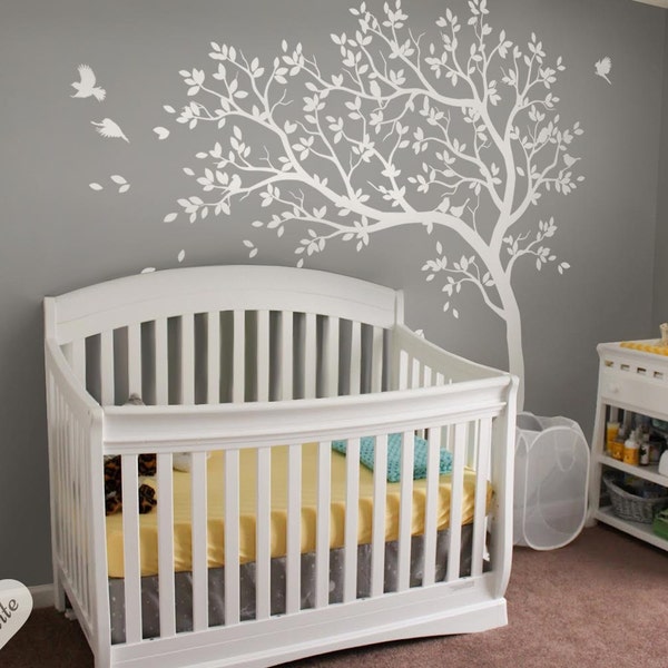White tree decal Large nursery tree decals with birds Unisex white tree decals Wall tattoos Wall mural removable vinyl wall sticker 032